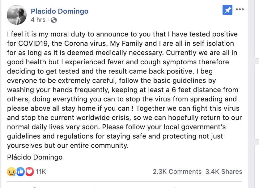 Placido Domingo Coronavirus Statement on Facebook page